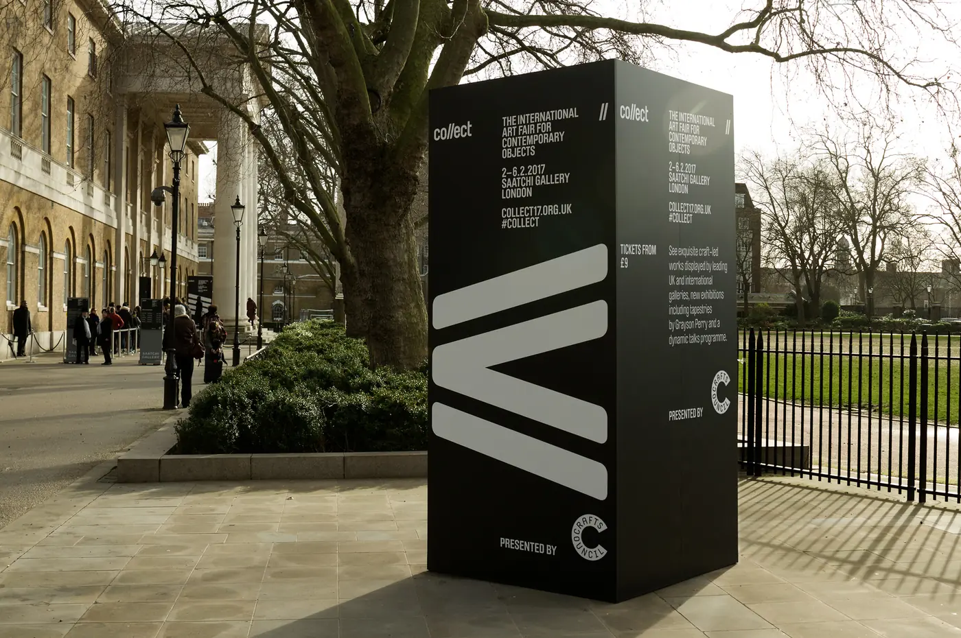 Collect totem with large chevron graphics outside the Saatchi Gallery
