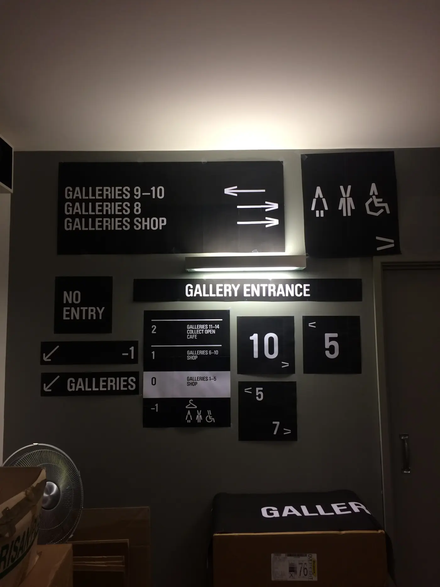Collect directional signs for galleries, toilets and entrance
