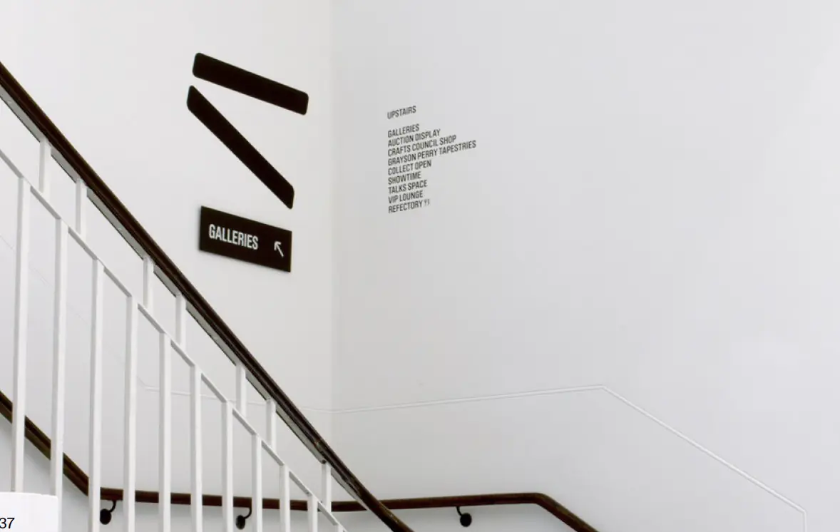 Collect chevron graphics and gallery sign along a staircase