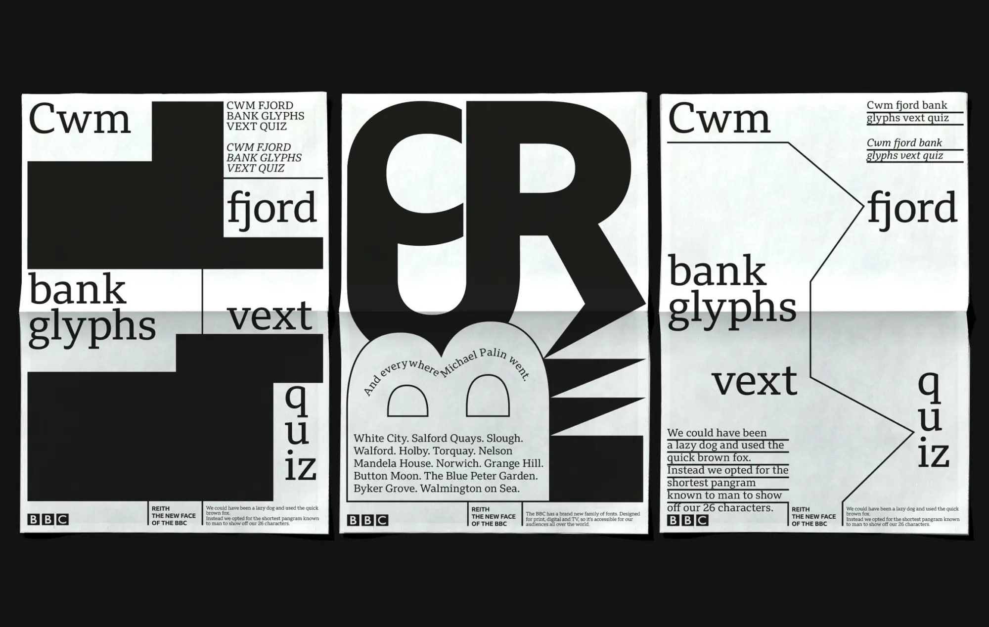 Three BBC Reith typeface posters on black