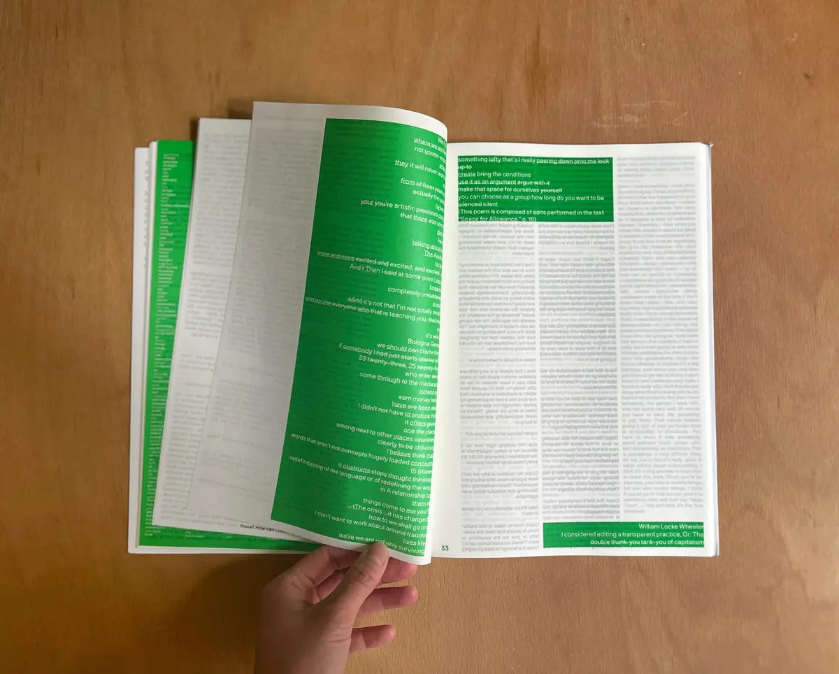 Hand holding open Give me your bones with green pages and dense text