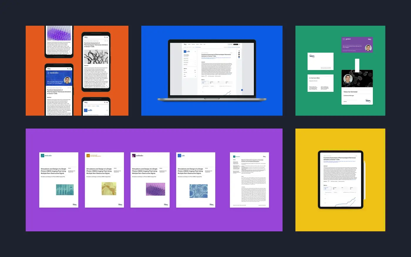 MDPI design system applied across web, mobile, layout and printed brand materials