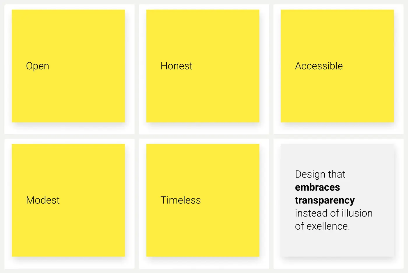 Brand attribute cards: open, honest, accessible, modest, timeless and a design principle