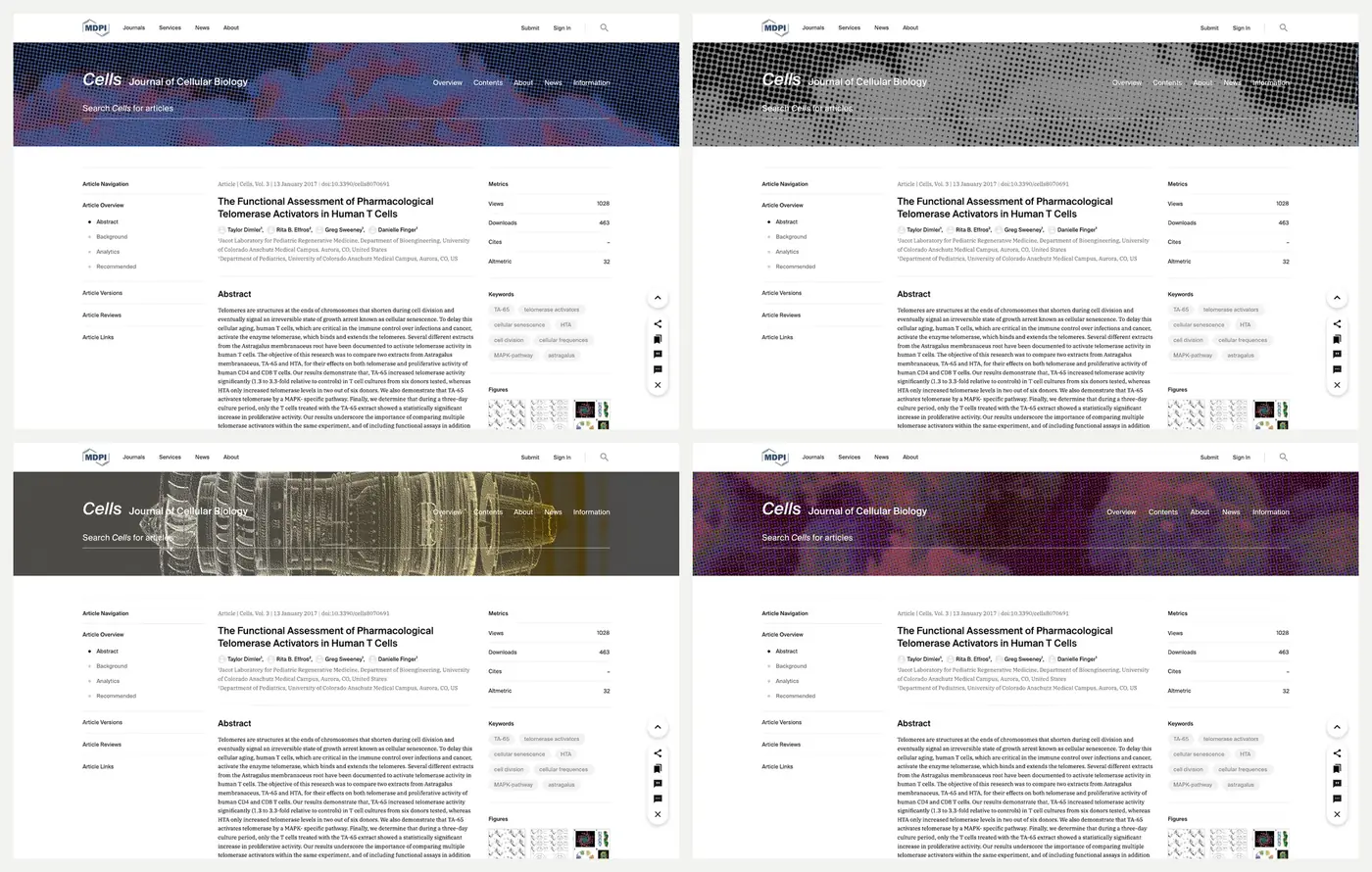 Four journal page headers built from one master template with different imagery