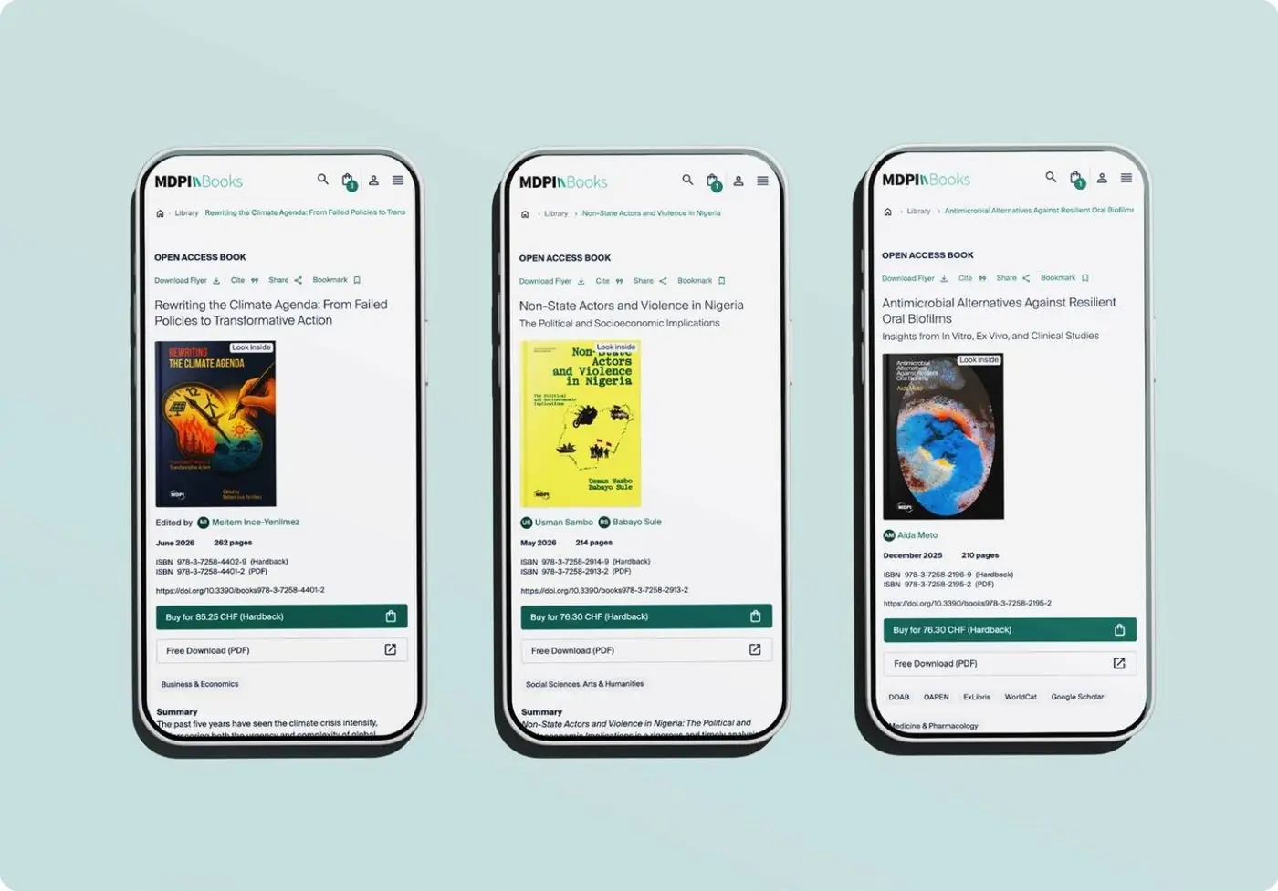 Three mobile screens of the redesigned MDPI Books publishing platform showing book pages