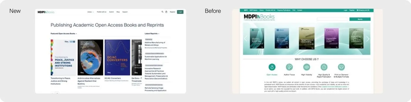 New MDPI Books homepage beside the previous version of the site