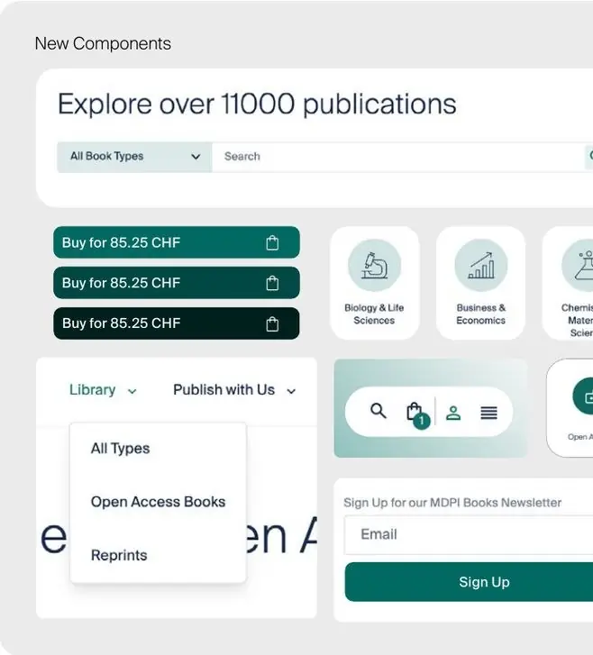 New interface components: search field, purchase buttons, subject icons and newsletter sign-up