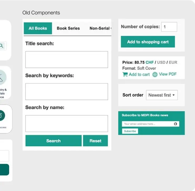 Previous interface components: separate search forms, shopping cart fields and a subscription box