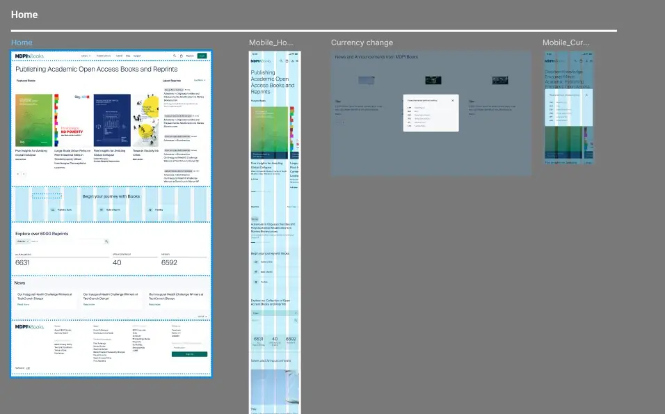 Final MDPI Books homepage layout on desktop and mobile, shown on the layout grid