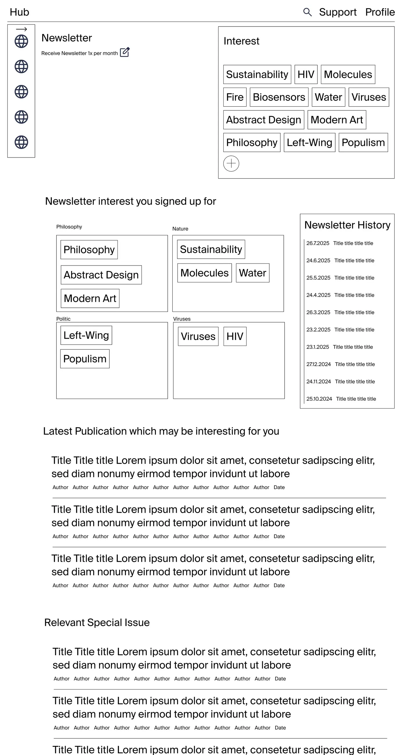 Low-fidelity wireframe of personalised newsletter interests and recommended publications