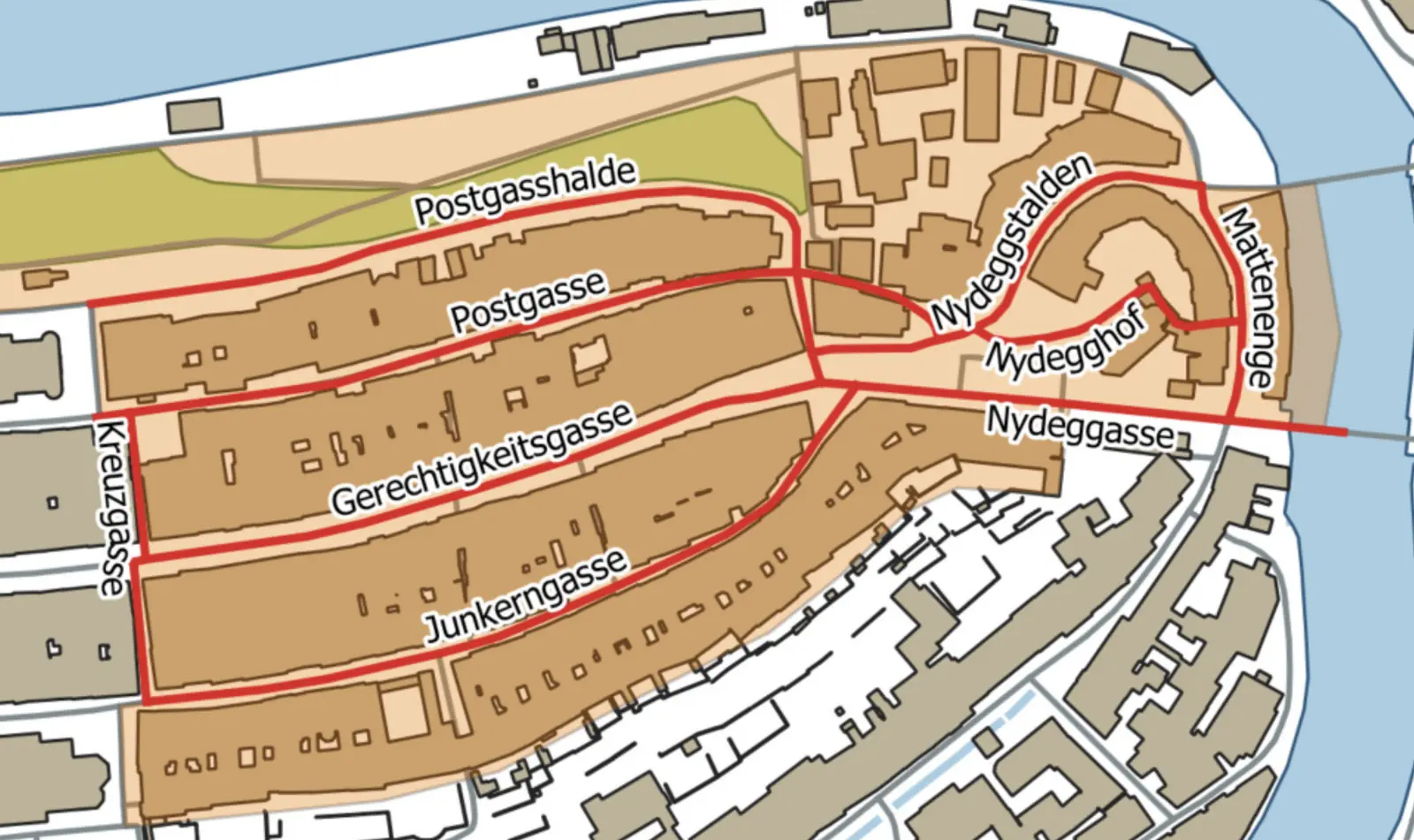 Map of the lanes studied: Postgasse, Gerechtigkeitsgasse, Junkerngasse, Nydegg and Matte