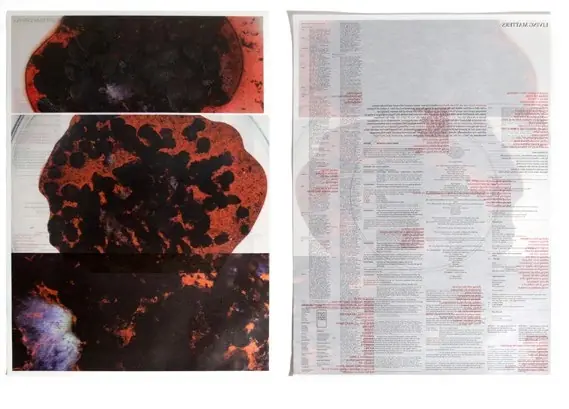 Poster with dark scientific imagery beside fine typeset text